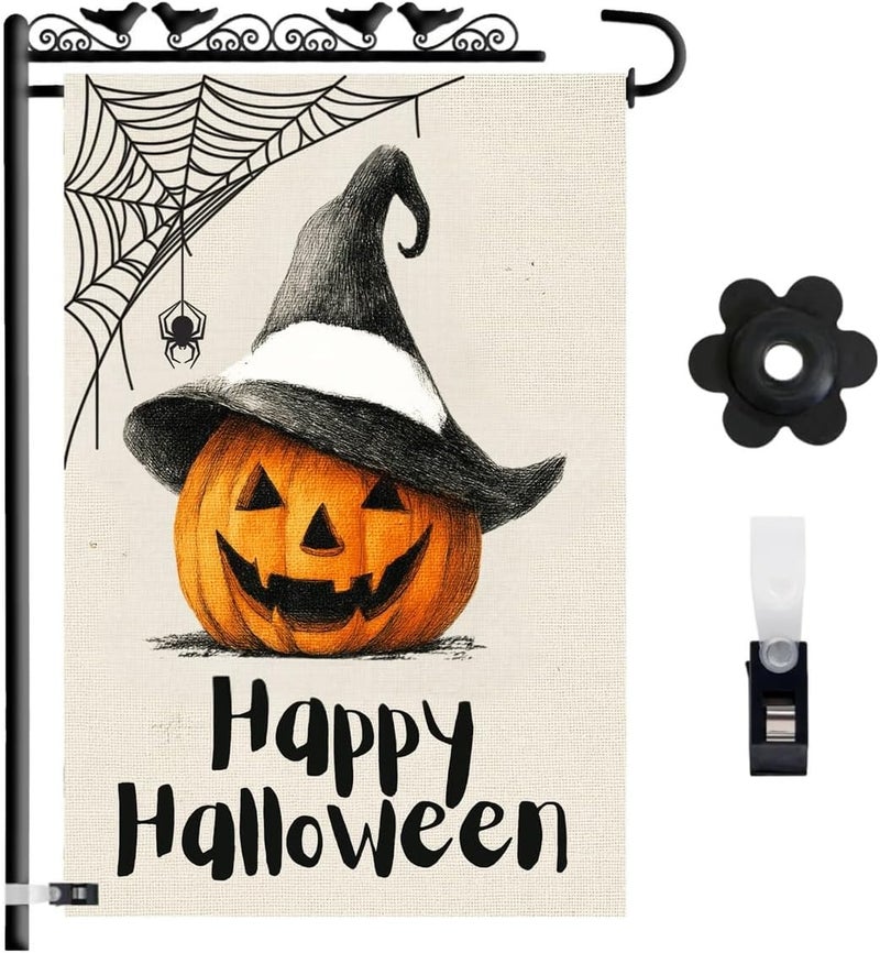 KarvePro Happy Halloween Garden Flag 12x18 Double Sided – Burlap Yard Flag with Pumpkin Wearing Hat and Spider Web for Outdoor Fall Halloween Decor - Image 1